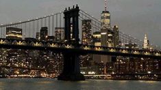 the city skyline is lit up at night as seen from across the water in new york