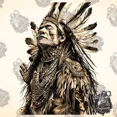 a native american man with feathers on his head and hands in front of him, surrounded by skulls