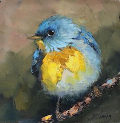 a painting of a blue and yellow bird on a branch