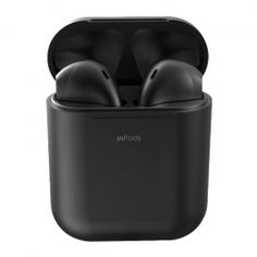 an image of two black airpodss in the packaging for apple's new airpods