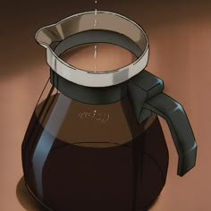 a coffee pot filled with liquid sitting on top of a brown table next to a wall