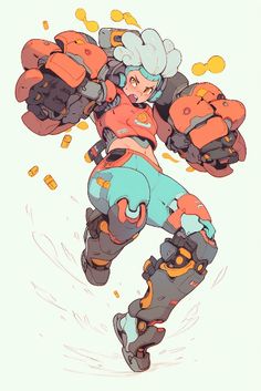 a drawing of a female character in an orange shirt and blue pants, with her arms outstretched