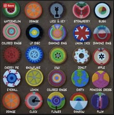 an assortment of crocheted badges with different colors and designs on them, all in the same pattern