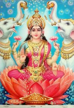 the hindu goddess sitting on top of a lotus with two elephants in front of her