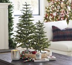 a small christmas tree sitting on top of a wooden table next to a white couch