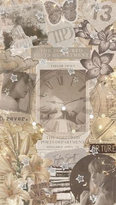 a collage of images with flowers and clocks on them, including an image of a woman's face