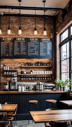 the interior of a coffee shop with wooden tables and chairs, chalkboard menus on the wall