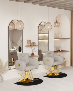 two white chairs with gold legs in front of a mirror and some mirrors on the wall