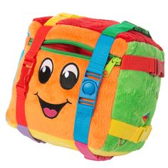 a colorful backpack with a smiling face on it