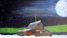 an acrylic painting of a barn in the snow with a full moon behind it