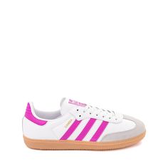 adidas Samba OG Athletic Shoe - Little Kid - Cloud White / Purple Burst Trending Adidas Shoes, Cute Sambas, Nike Shoes Trendy, Sambas Pink, Shoes To Wear With Dresses, Cute Trendy Shoes, School Wishlist, Cute Adidas, Nike Shoes Women Fashion