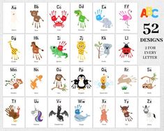 an animal alphabet poster with the letters and numbers for each letter, including handprints