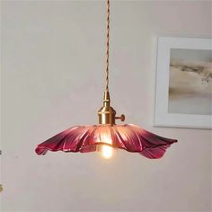 a pink flower hanging from a light fixture in a room with pictures on the wall