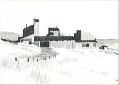 a pencil drawing of a farm with silos in the background and grass on the ground