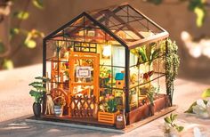 a miniature house made out of wood and glass with plants in the windowsills