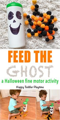 a kid playing with halloween fine motor activity for toddlers to play with and feed the ghost