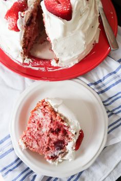 a piece of strawberry cake on a plate