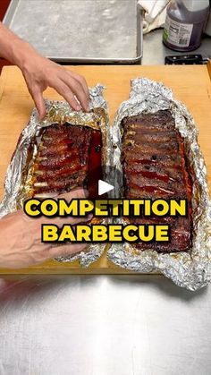 someone cutting up some meat on top of tin foil with the words competition barbecue over it