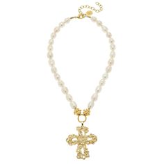 Gold Cross on Genuine Freshwater Pearl Necklace 16 inches with a 3 inch Extender Chain Handcast 24Kt Gold Plated Handmade in San Antonio,TX Gold Necklaces With Pearl Chain And Cross Pendant, Gold Necklace With Pearl Chain And Cross Pendant, Elegant Gold Cross Pearl Necklace, Gold Jewelry With Pearl Charm Cross Pendant, Gold Cross Pendant Jewelry With Pearl Charm, Susan Shaw, Freshwater Pearl Necklace, 24kt Gold, San Antonio Tx