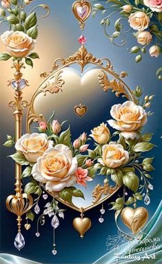 a painting of roses and hearts on a blue background with an ornate frame in the shape of a heart