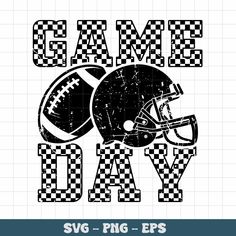 a football helmet with the words game day on it, and checkered background in black