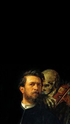 a painting of a man with a violin and two skeletons behind him in the dark