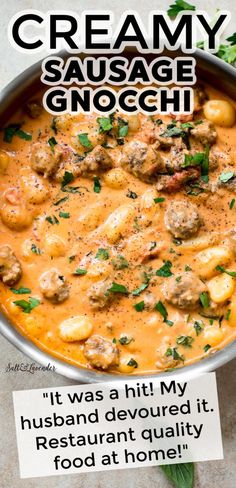 creamy sausage and gnocchi sauce in a bowl with a note on the side