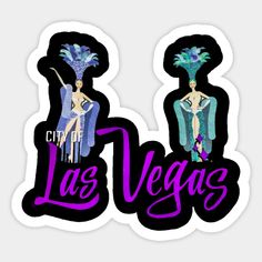 two stickers that say las vegas and one has a woman in a blue dress