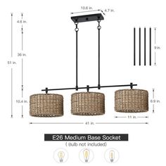 three light chandelier with wicker shades and black metal rods, hanging from the ceiling