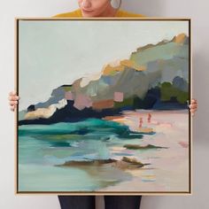 an abstract painting with people walking on the beach in front of mountains and blue water