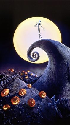 the jack - o'- lantern character is standing on top of a hill with pumpkins