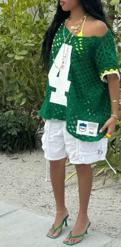 Jamaican Inspired Outfits, Holiday Outfit Inspo Summer 2024, Jamaican Aesthetic Outfit, Outfit Inspo For Jamaica, Crochet Vacation Outfit, Vacation Outfits Shorts, Nyc Summer Outfits 2024, Green And White Crochet Top, Jamaica Crochet Outfits