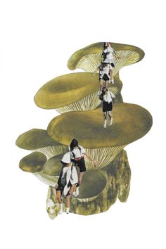 three people are walking in front of some mushrooms