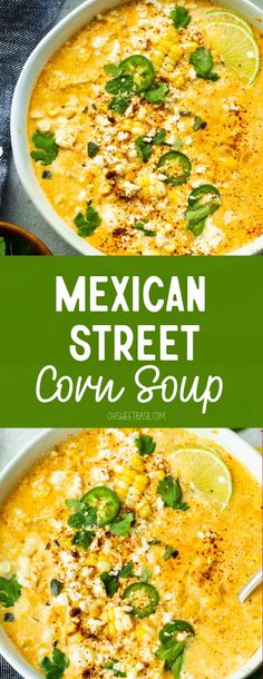 mexican street corn soup in a white bowl with limes and cilantro on top