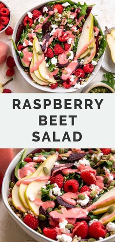 raspberry beet salad in a bowl with apples and strawberries on the side