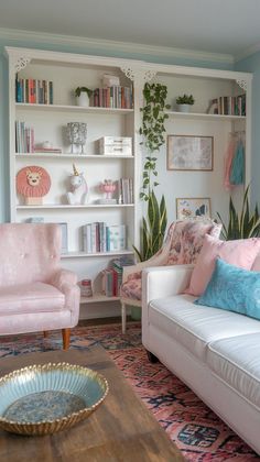 the living room is decorated in pastel colors and has bookshelves with plants on them