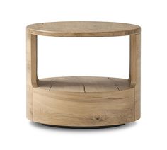 a wooden table with a circular shelf on the top and one section missing from it