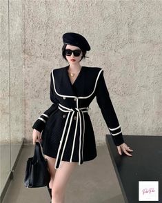 Woman Suit Fashion, Korean Fashion Dress, Sailor Collar, Mode Casual, Classy Work Outfits, Korean Girl Fashion, Jacket Long, Modest Fashion Outfits, Abayas Fashion