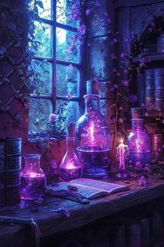 a table topped with lots of bottles filled with purple liquid next to a window covered in plants