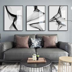 three black and white paintings on the wall above a gray couch in a living room