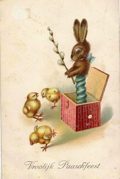 an old fashioned easter card features a rabbit in a box with chicks on the side