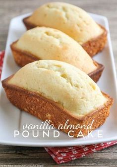 three pieces of pound cake on a white plate