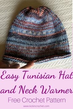 a knitted hat with text overlay that says easy, unusual hats and neck warmers free crochet pattern