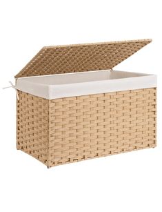 an empty wicker box with white lining on the lid and bottom, sitting against a white background