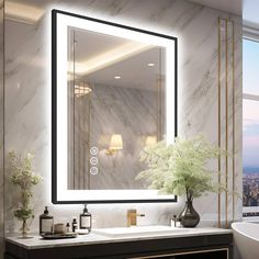 a bathroom vanity with a large mirror above it and a vase on the counter next to it