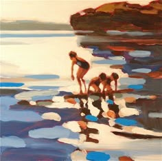 a painting of three children playing in the water