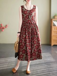 Loose Oversize Drawstring Floral Printed Round-Neck Midi Dresses Cotton Dresses Summer, Style Oversize, Maxi Shirt Dress, Polka Dress, Summer Party Dress, Red Midi Dress, Long Summer Dresses, Puffed Sleeves Dress, Printed Drawstring