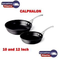 The Calphalon Premier Hard-Anodized Nonstick Fry Pan set includes two pieces - a 10-inch and a 12-inch pan. Made of aluminum and stainless steel with a non-stick coating, these round pans are suitable for gas and electric stovetops. The set is dishwasher safe and features metal handles. Ideal for cooking, the pans have a capacity of 12 cubic inches and come in a sleek black color.

#Calphalon #10and12 #Inch #FreeShipping