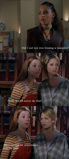 two women talking to each other in front of bookshelves with the caption, did i not see you kissing a vampire?