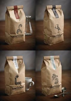 four different images of coffee bags on a table